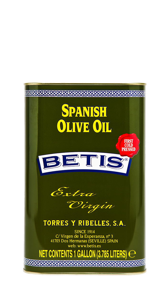 Shrink-wrap tray of 4 tins of 1 G (3,785 L) of BETIS extra virgin olive oil