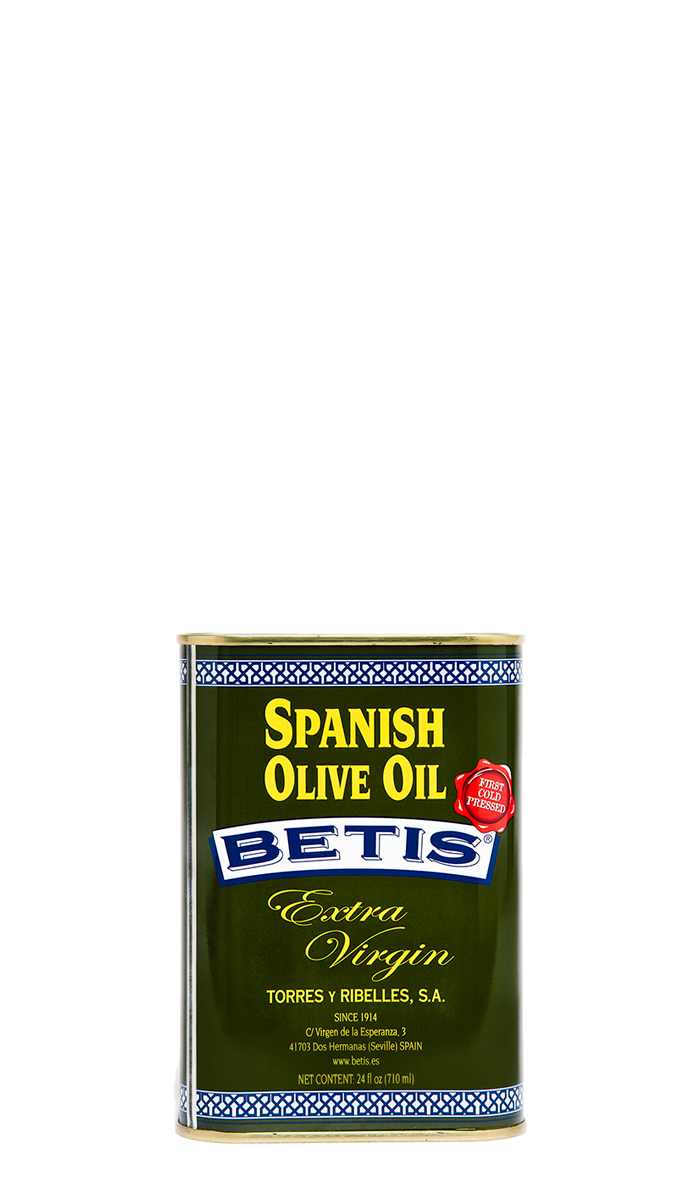 Shrink-wrap tray of 12 tins of 24 fl oz (710 ml) of BETIS extra virgin olive oil