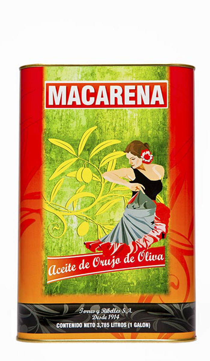 Shrink-wrap tray of 4 tins of 1 G (3,785 L) of MACARENA olive-pomace oil