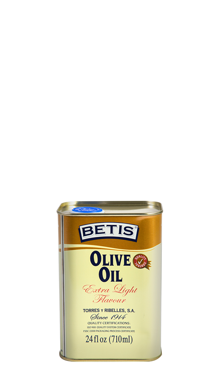Shrink-wrap tray of 12 tins of 24 fl oz (710 ml) of “Extra Light flavour” BETIS olive oil