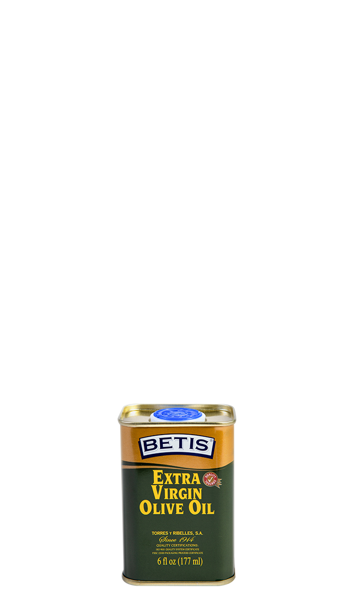 Shrink-wrap tray of 25 tins of 6 fl oz (177 ml) of BETIS extra virgin olive oil