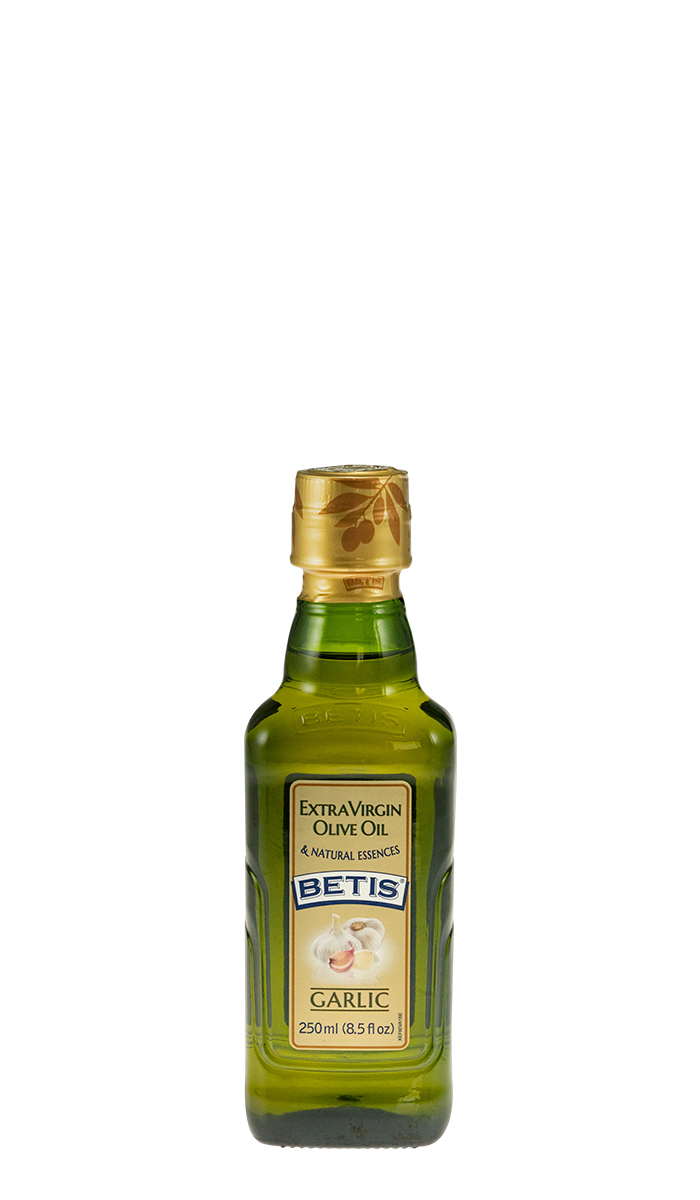 Caja de 24 botellas vidrio de 250 ml de aceite de oliva virgen extra BETIS y esencia natural de ajo