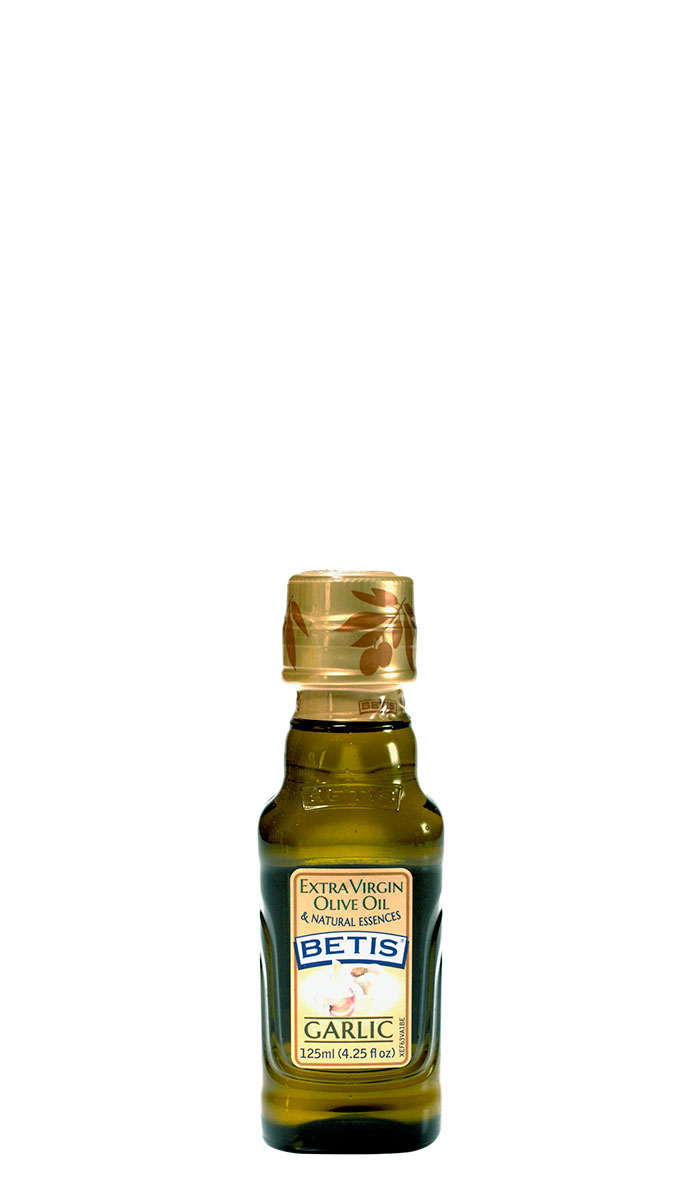 Caja de 24 botellas vidrio de 125 ml de aceite de oliva virgen extra BETIS y esencia natural de ajo