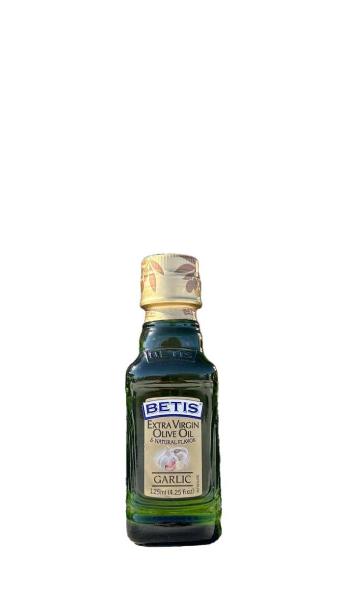 Caja de 24 botellas vidrio de 125 ml de aceite de oliva virgen extra BETIS y esencia natural de ajo