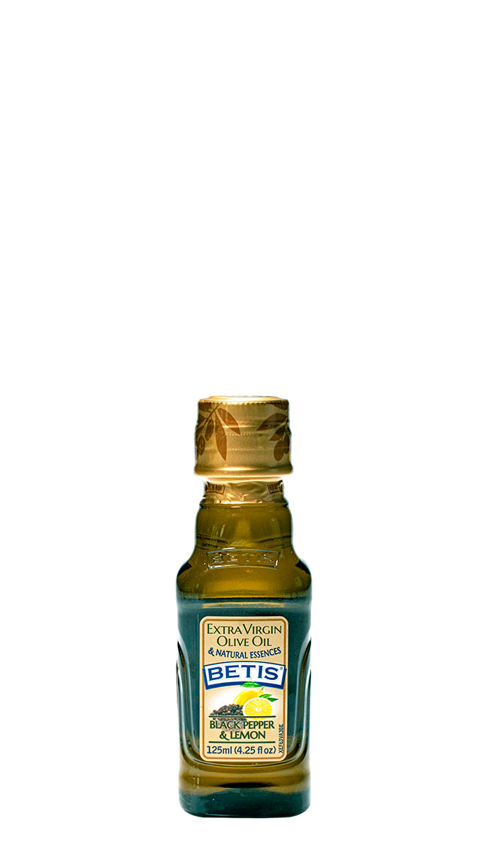 Caja de 24 botellas vidrio de 125 ml de aceite de oliva virgen extra BETIS y esencia natural de pimienta negra y limón