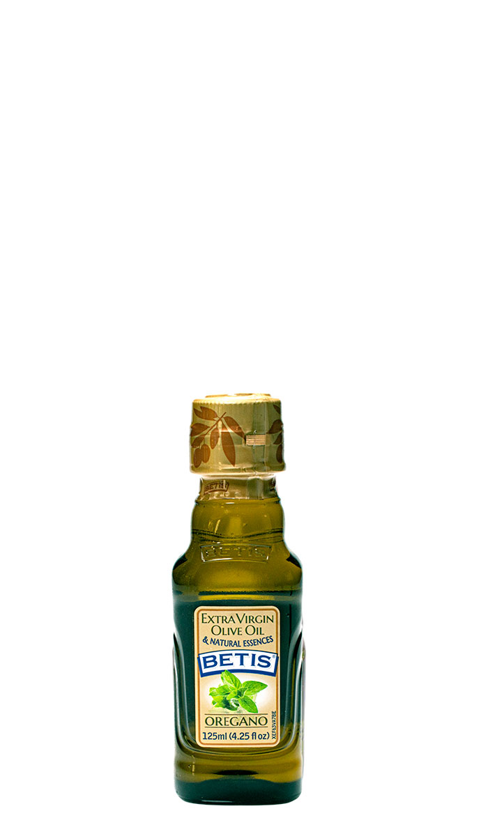 Caja de 24 botellas vidrio de 125 ml de aceite de oliva virgen extra BETIS y esencia natural de orégano