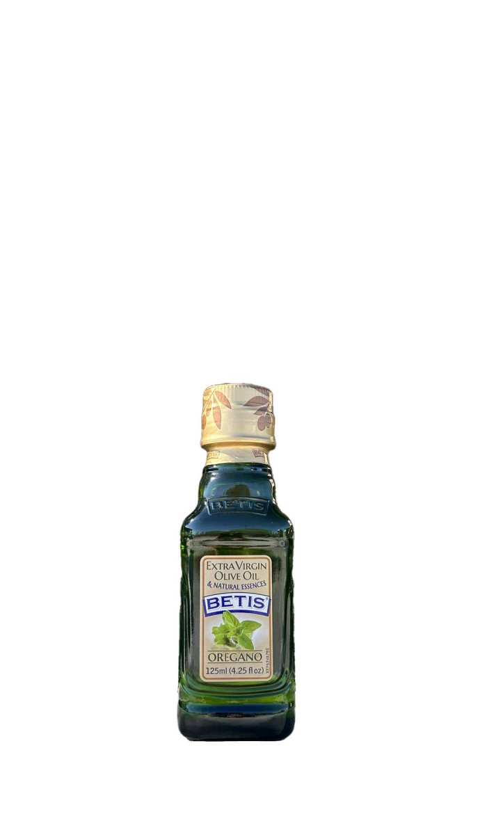 Caja de 24 botellas vidrio de 125 ml de aceite de oliva virgen extra BETIS y esencia natural de orégano